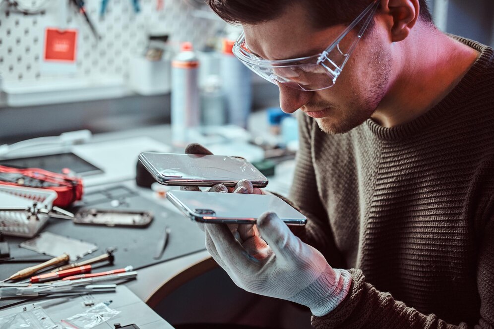 Technician inspecting a smartphone for repair